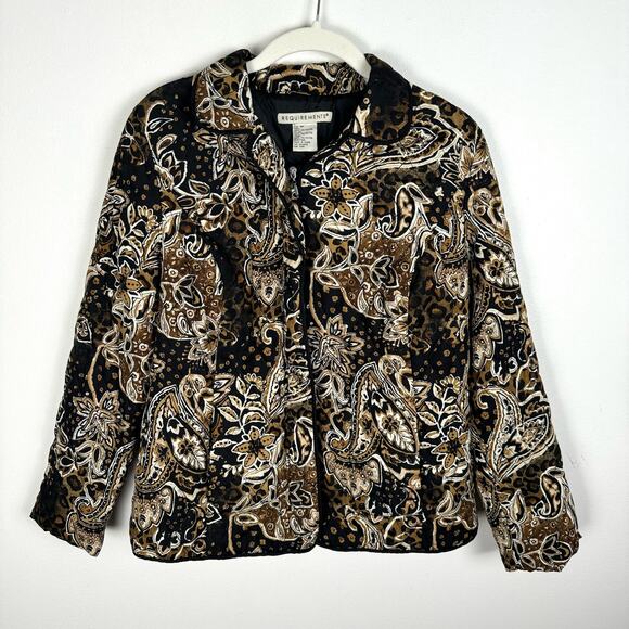 Vintage Quilted Floral Paisley Zip Up Jacket Womens M Black Tan Neutral - Picture 14 of 14
